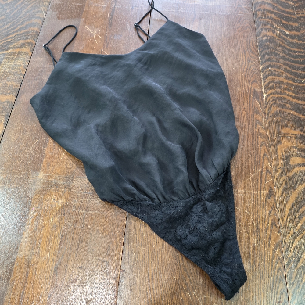 Free People Intimately‎ Black Satin Thong Bodysuit Size Small
